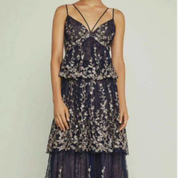 BCBG MAXAZRIA Floral Blooms Embroidered Gown 2 Navy Strappy Tiered Ruffle - Picture 1 of 9